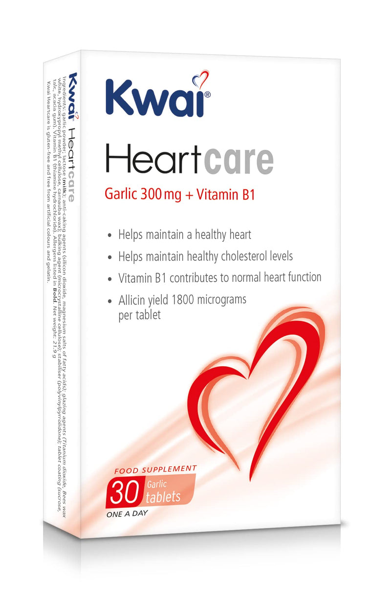 Kwai Heartcare | Garlic capsules odourless high strength plus Vitamin B1 I Contributes to normal heart function | Helps maintain healthy cholesterol levels and a healthy heart | 300mg of standardised Garlic per tablet / 30 tablets - BeesActive Australia