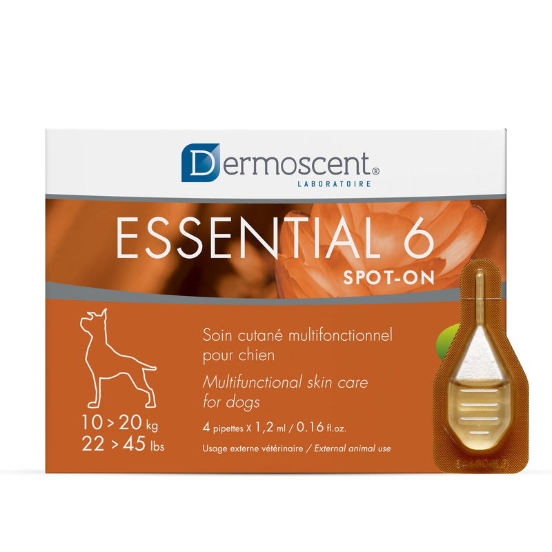 Dermoscent | Essential 6 Spot-On - Dog Itchy Skin Relief | Dandruff & Allergy Relief with Vitamin E Oil | Natural Ingredients for Sensitive Skin | Dogs 10-20 kg | 4 Pipettes of 1.2 ml