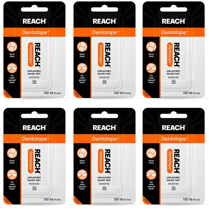 Reach Dentotape Waxed Dental Floss with Extra Wide Cleaning Surface for Large Spaces Between Teeth, Unflavored, 100 Yards, (Pack of 6) 1 count (Pack of 6) Dentotape Extra Wide Waxed Tape - BeesActive Australia
