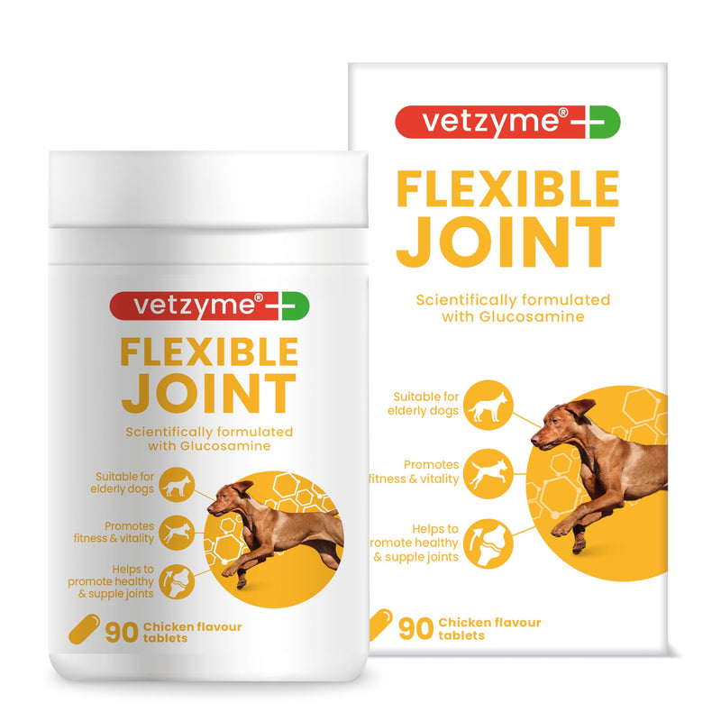 Vetzyme Flexible Joint Supplements for Dogs (90 Tablets) - Hip and Joint Care with Glucosamine, Tasty Chicken Flavour 90 Count (Pack of 1)