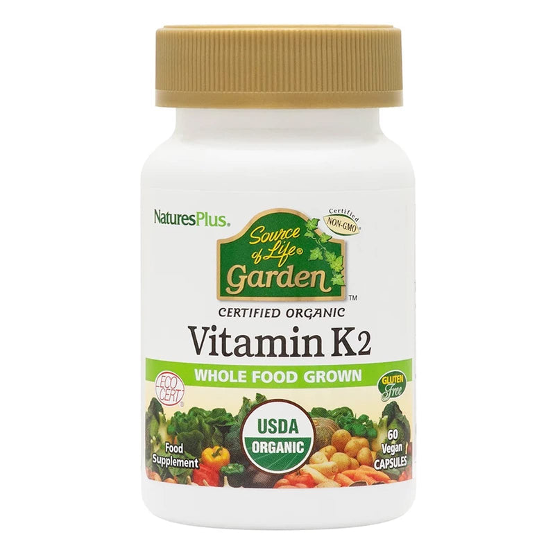 NaturesPlus Source of Life Garden Organic Vitamin K2 - 120 mcg Certified Organic Vitamin K2 MK7 (Menaquinone-7) - Vegan, Gluten Free - 60 Capsules - BeesActive Australia