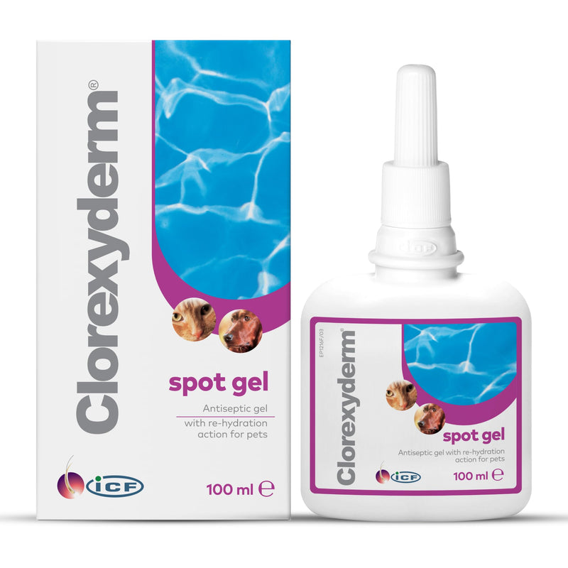 ICF | Clorexyderm Spot Gel | Advanced Cat & Dog Skin Care Gel for Itchy Skin & Wound Relief | Soothes and Moisturizes Irritated Skin | Ideal for Paws, Skin Folds, and Localized Issues 100 ml (Pack of 1)