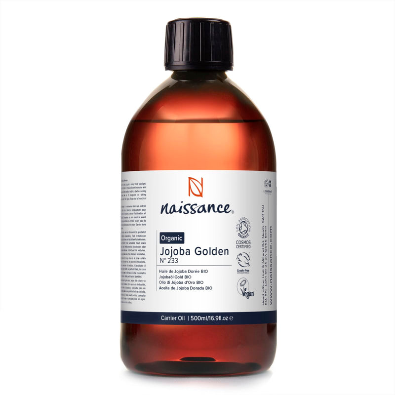 Naissance Organic Golden Jojoba Oil 500ml - Pure and Natural, Certified Organic, Unrefined, Vegan, Hexane Free, No GMO - Ideal for Aromatherapy and as a Massage Base Oil 500 ml (Pack of 1) - BeesActive Australia