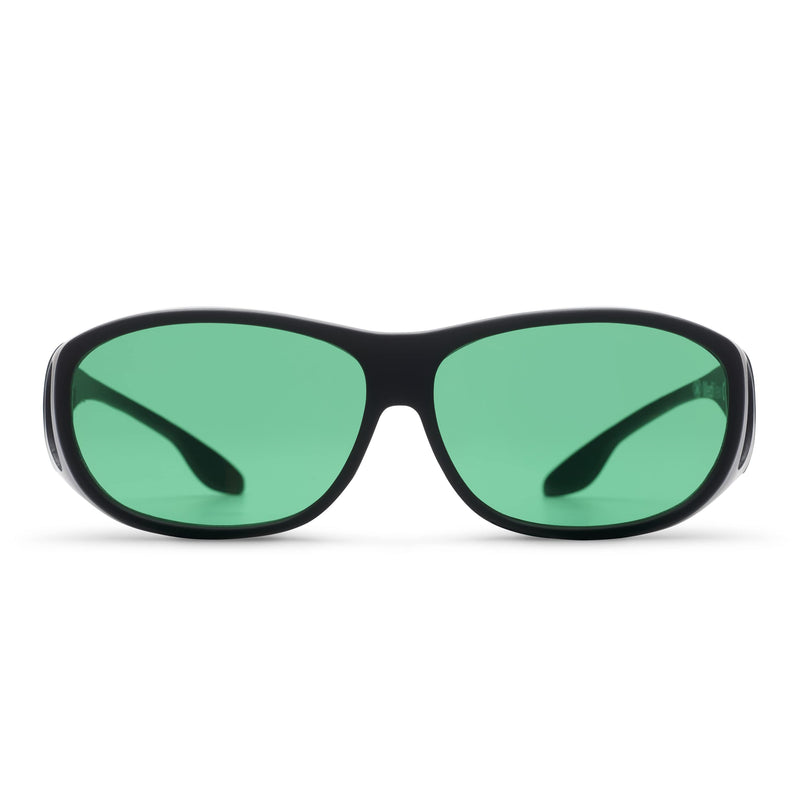 MigraLens OverView Fit-Over Glasses for Migraine Relief | Medium Size | Outdoors and Computer Screens | Unisex | Green Lenses | Black - BeesActive Australia