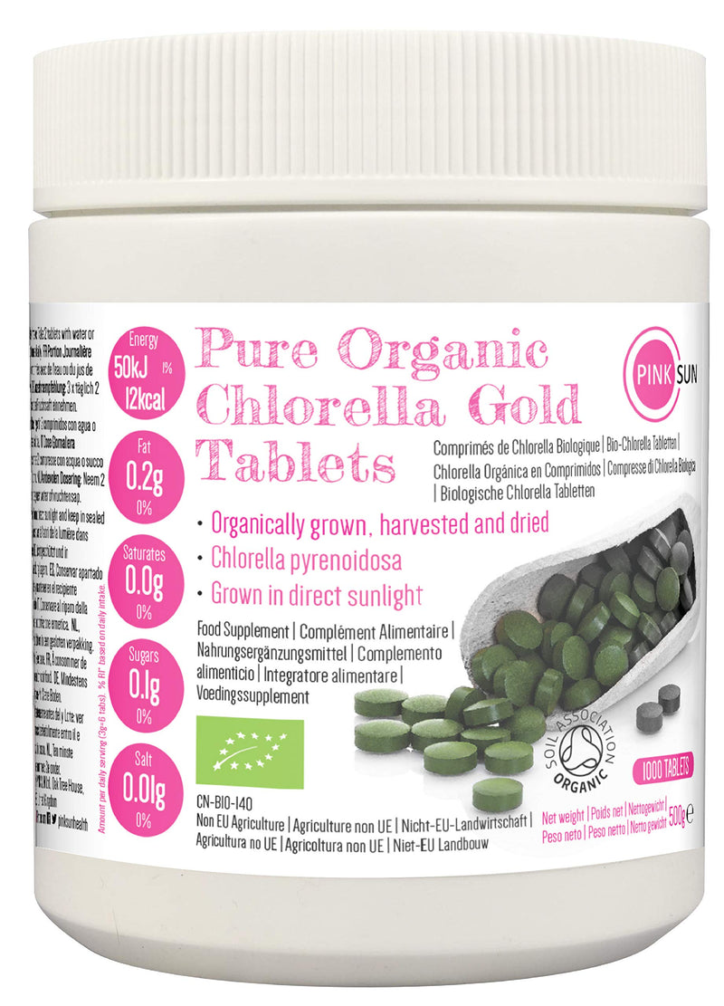 PINK SUN Organic Chlorella Tablets 500mg x 1000 Tabs Pyrenoidosa Broken Cell Wall Cracked Gluten Free Non GMO Vegetarian Vegan Certified Organic by The Soil Association 500g Bulk Buy 1 - BeesActive Australia
