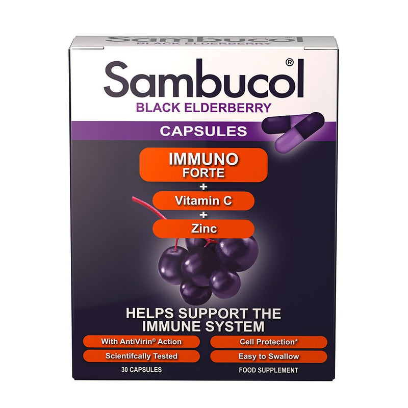 Sambucol Natural Black Elderberry Immuno Forte Capsules | Vitamin C | Zinc | Immune Support Supplement | 30 Capsules - BeesActive Australia