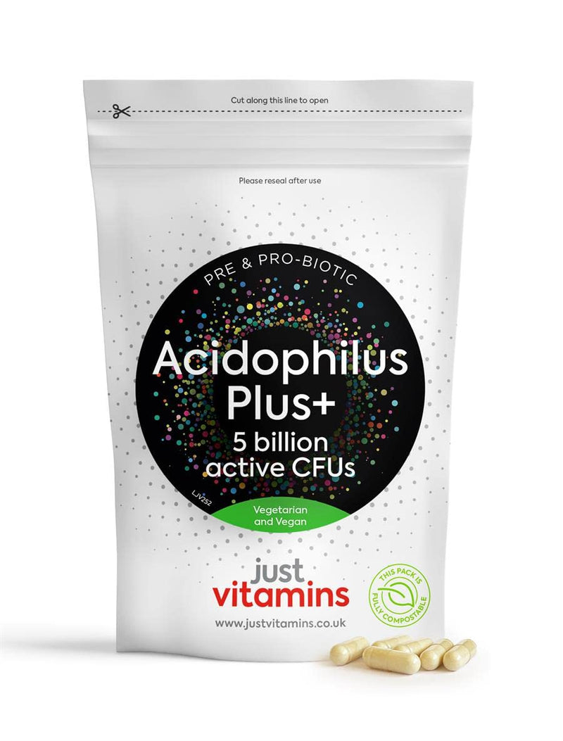 Acidophilus Plus+ Pre & Probiotic Bio Cultures Complex 90 Vegan Capsules, 5 Billion Non Dairy CFU, Multi Strain High Strength Lactobacillus Acidophilus Probiotic Supplement for Men & Women, UK Made - BeesActive Australia