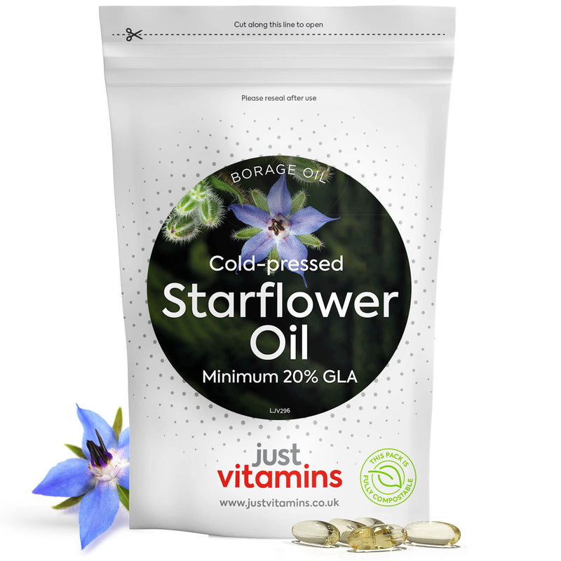 Starflower Oil Capsules 1000mg/Borage Oil x90 Soft Gels, Cold Pressed High Strength GLA with Vitamin E - 3 Month Supply - x2 The GLA Level of Evening Primrose Oil Capsules - UK Made Supplements - BeesActive Australia