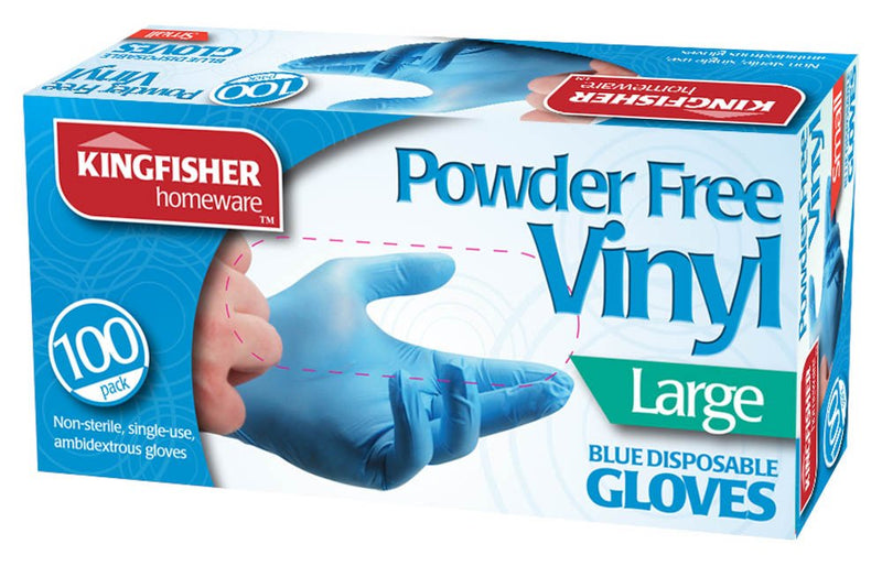 Kingfisher Powder Free Vinyl Gloves, Blue, Large - Pack of 100 100 Count (Pack of 1) Transparent - BeesActive Australia