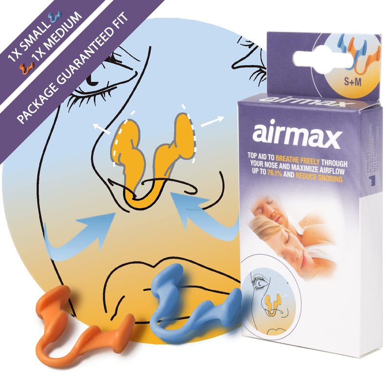 Airmax nasal dilator trial pack | anti snore devices | 76% more air | Breathe freely through the nose | Guaranteed fit 1x small & 1x medium | Snoring aid for men and women | sleep better and wake up rested | nasal congestion | Free storage case incl. - BeesActive Australia