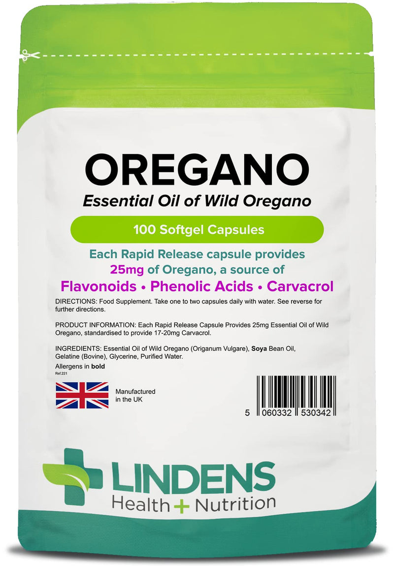 Lindens Oregano Oil 25mg - 100 Capsules - UK Made - Natural Source of Phenolic Acids and Flavonoids - Origanum Vulgare - Easy Swallow & Rapid Release - 3+ Months Supply - GMP & Letterbox Friendly - BeesActive Australia