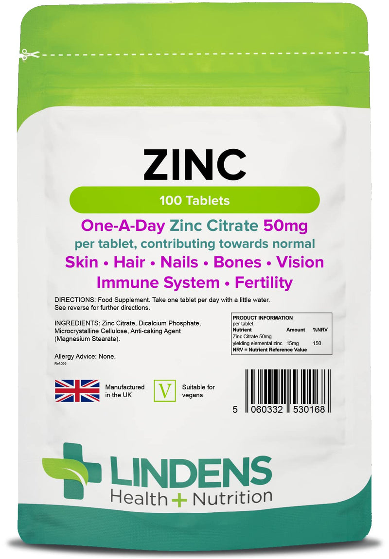 Lindens Zinc Citrate 50mg - 100 Vegan Tablets - Immune Function, Fertility, Healthy Bones, Vision, Hair, Nails and Skin - Made in The UK | (3+ Months Supply) | Letterbox Friendly 100 Count (Pack of 1) - BeesActive Australia