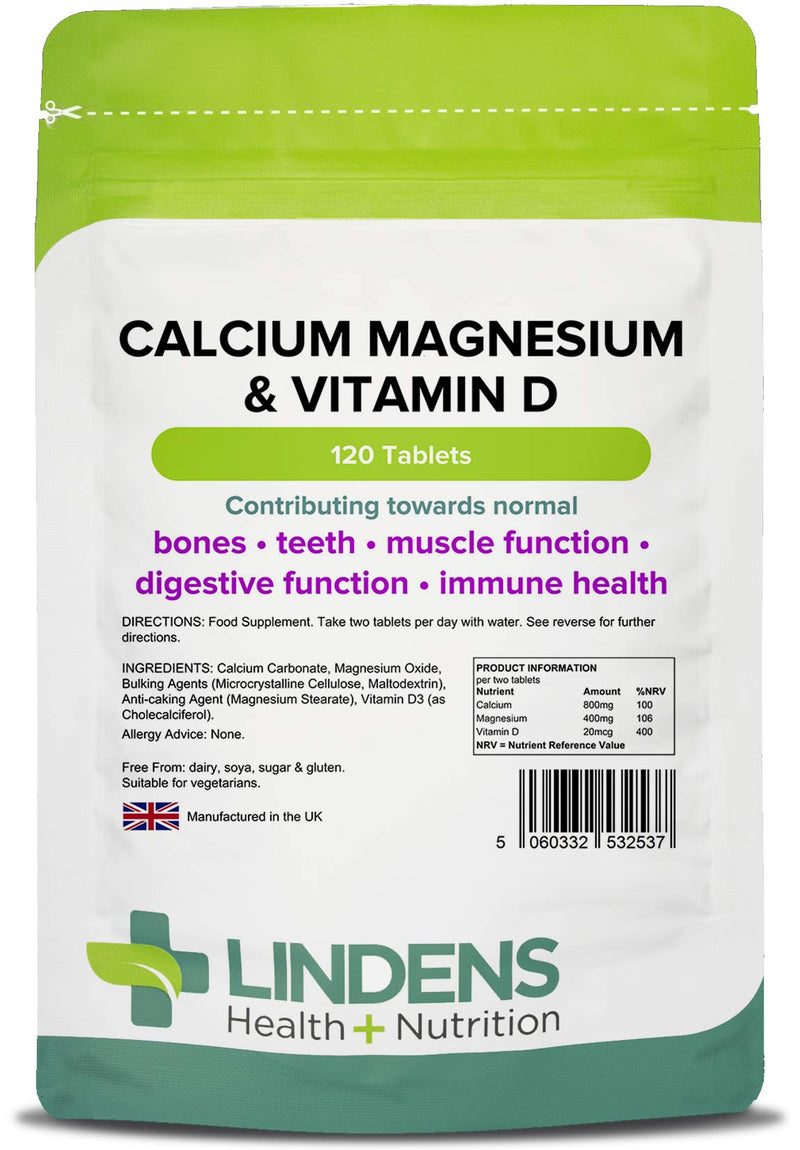 Lindens Calcium Magnesium & Vitamin D Tablets - 120 Pack - Contributes towards bone health, supports normal muscle function, healthy teeth & general immune health - UK Manufacturer, Letterbox Friendly - BeesActive Australia