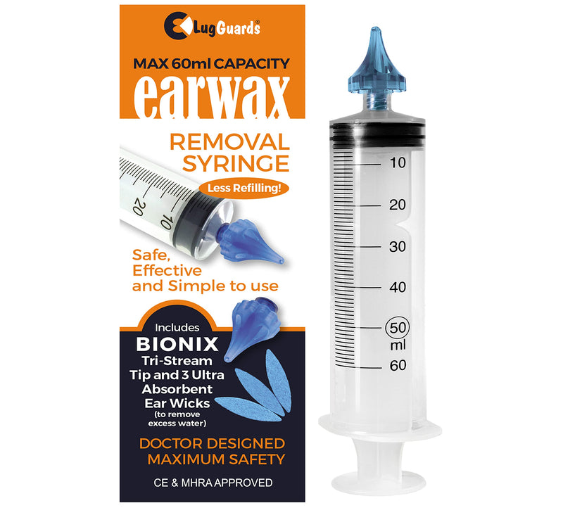 BIONIX Ear Wax Removal Syringe Large Capacity 60ML MHRA & CE Approved + 3 x Anti Ear Infection Wicks - BeesActive Australia