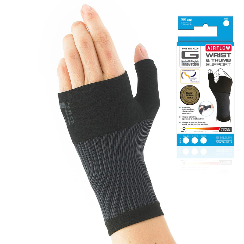 Neo G Wrist and Thumb Support - Ideal For Arthritis, Joint Pain, Tendonitis, Sprains, Hand Instability, Sports - Multi Zone Compression Sleeve - Airflow - Class 1 Medical Device - Medium - Black Medium: 16 - 19 cm - BeesActive Australia