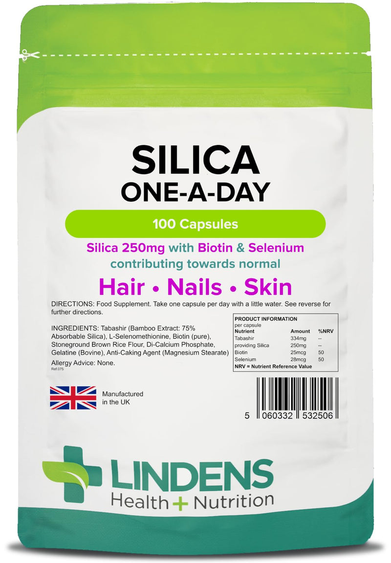 Lindens Silica 250mg Capsules - 100 Pack - Fortified with Biotin & Selenium contributes to Healthy Hair, Nails & Skin in a Convenient one-a-Day Capsule - UK Manufacturer, Letterbox Friendly - BeesActive Australia