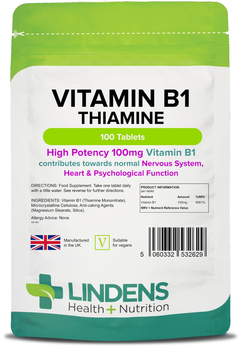 Lindens Vitamin B1 Thiamine Tablets - 100 Pack - for Heart, Immune and Psychological Function & Energy Release - UK Manufacturer, Letterbox Friendly - BeesActive Australia