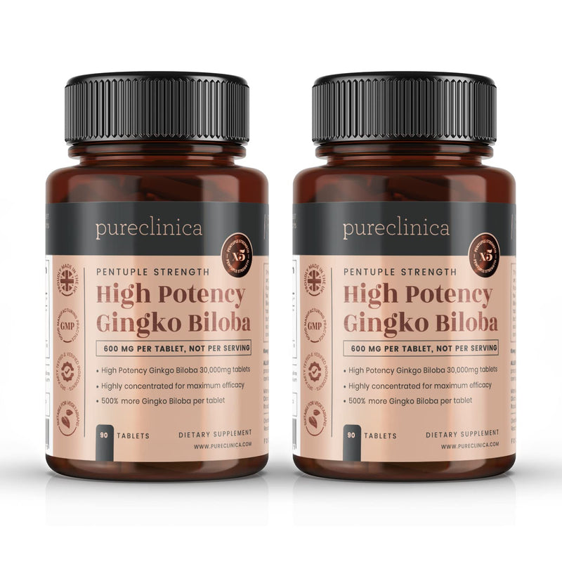 Pureclinica High Potency Ginkgo Biloba 30,000mg x 180 Tablets (2 Bottles of 90) - 6 Months Supply - 5 Times The Strength of Competitor Products - BeesActive Australia