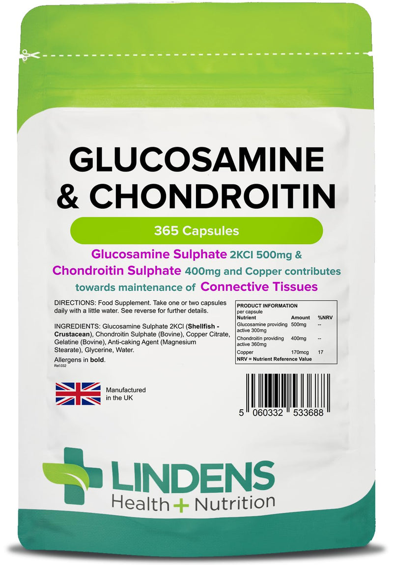 Lindens Glucosamine & Chondroitin + Copper 500/400 Capsules - 365 Pack - Glucosamine Sulphate 2KCI 500mg & Chondroitin Sulphate 400mg - UK Manufacturer, Letterbox Friendly 365 Count (Pack of 1) - BeesActive Australia