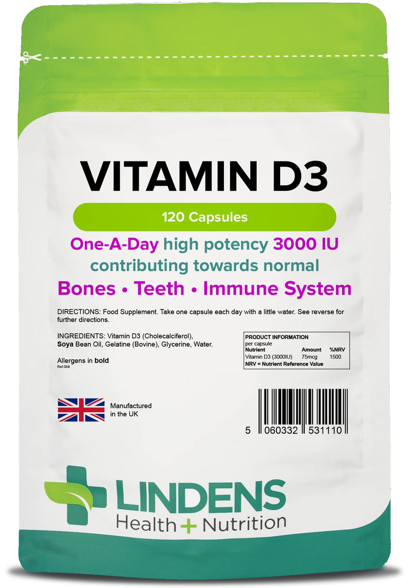 Lindens Vitamin D3 High-Potency 3000IU Capsules - 120 Pack - for Bones, Teeth, Immune System - 1500% NRV - UK Manufacturer, Letterbox Friendly - BeesActive Australia