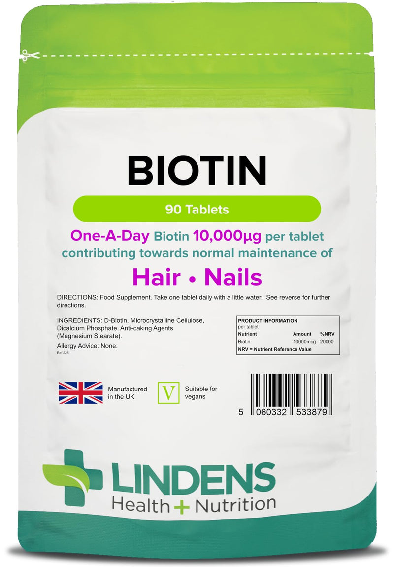 Lindens Biotin 10mg Tablets - 90 Pack - Contributes Towards Normal Hair and Nail Strength for Women & Men with Each Serving Contains 200X Nrv of Biotin - UK Manufacturer, Letterbox Friendly - BeesActive Australia