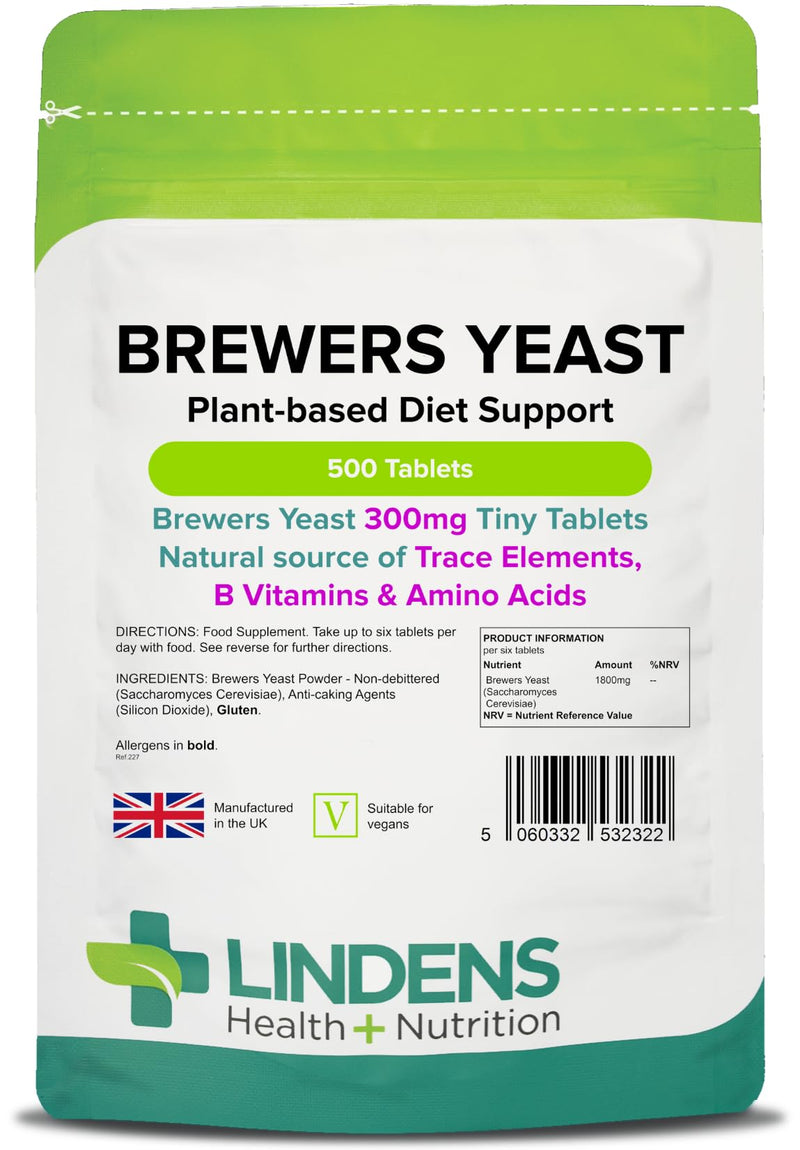 Lindens Brewers Yeast 300mg - 500 Vegan Tablets - Natural Vitamins & Micronutrients and Non-Debittered for Maximum Nutrition | B Vitamins, Amino Acids, Minerals | Made in The UK, (3 Months Supply) - BeesActive Australia