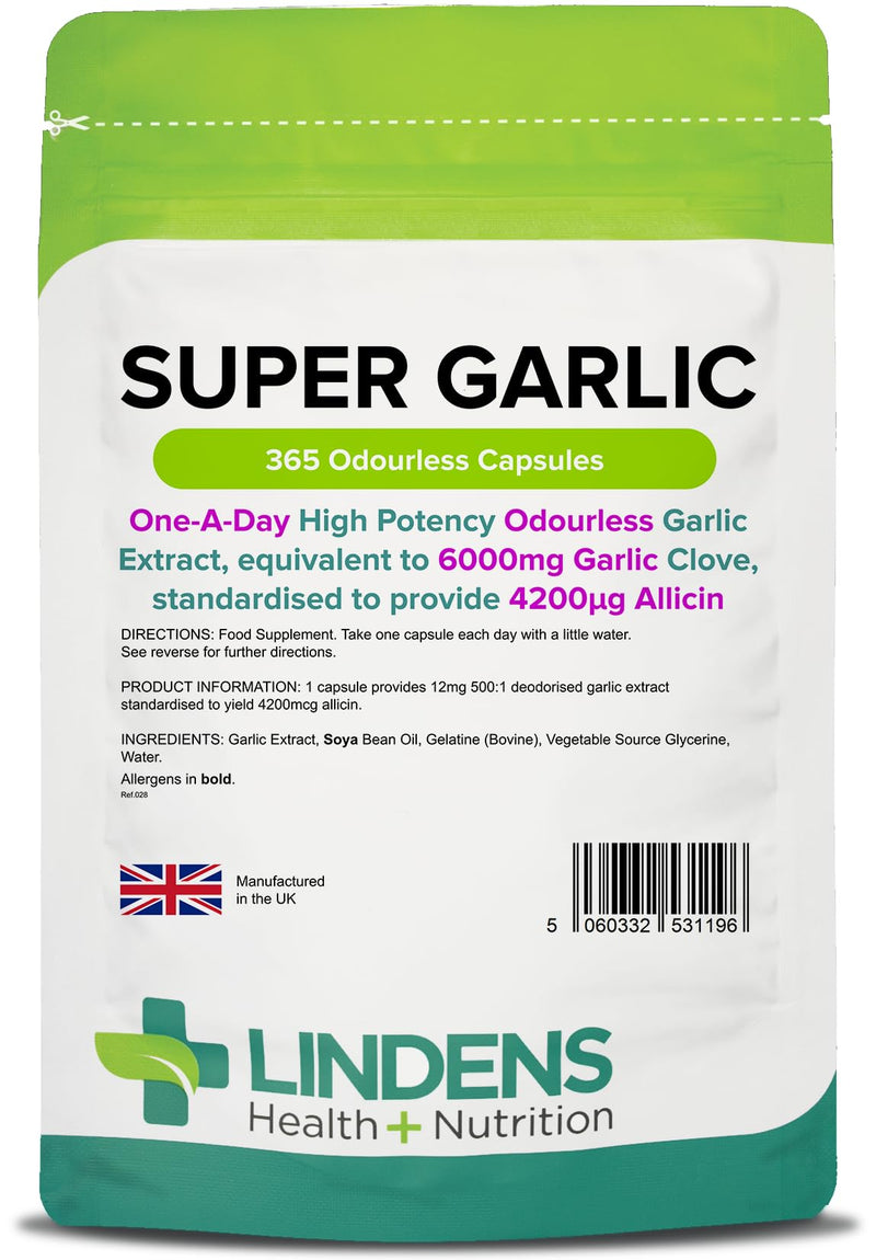Lindens Super Garlic Odourless Capsules - 365 Pack - High Strength 6000mg (4200mcg Allicin) - Contributes to Normal Muscle Function, Heart Health and Immune Health - UK Manufacturer, Letterbox Friendly - BeesActive Australia