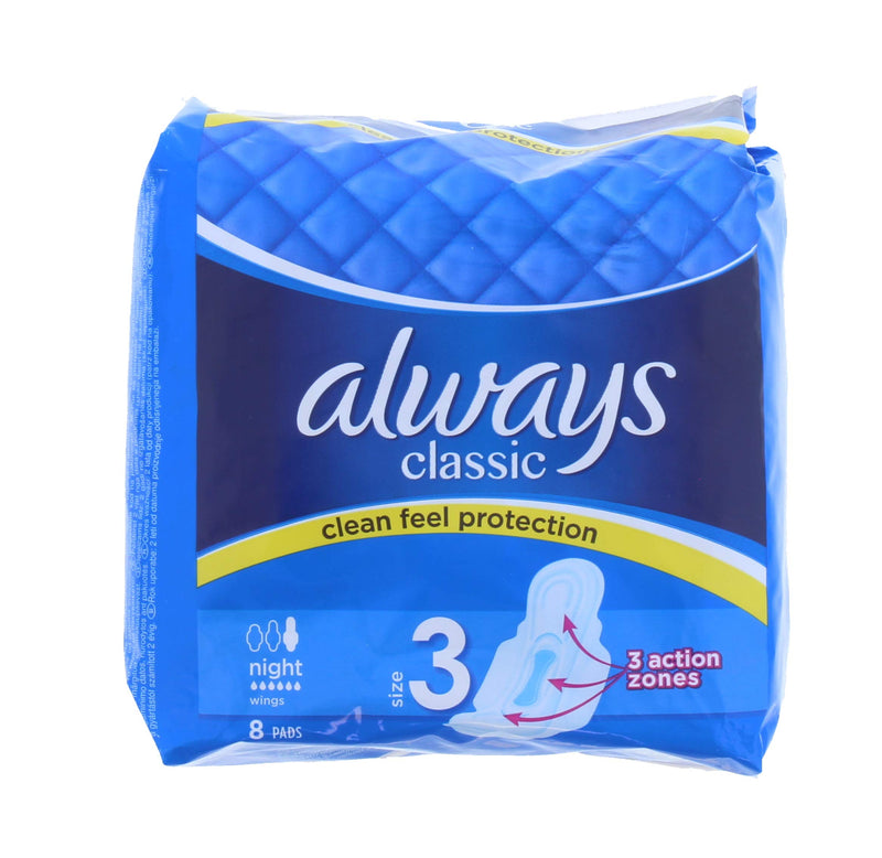 Always - Always Classic Night (Size 3) Sanitary Napkins with Wings - 8 Count (Pack of 1) - BeesActive Australia