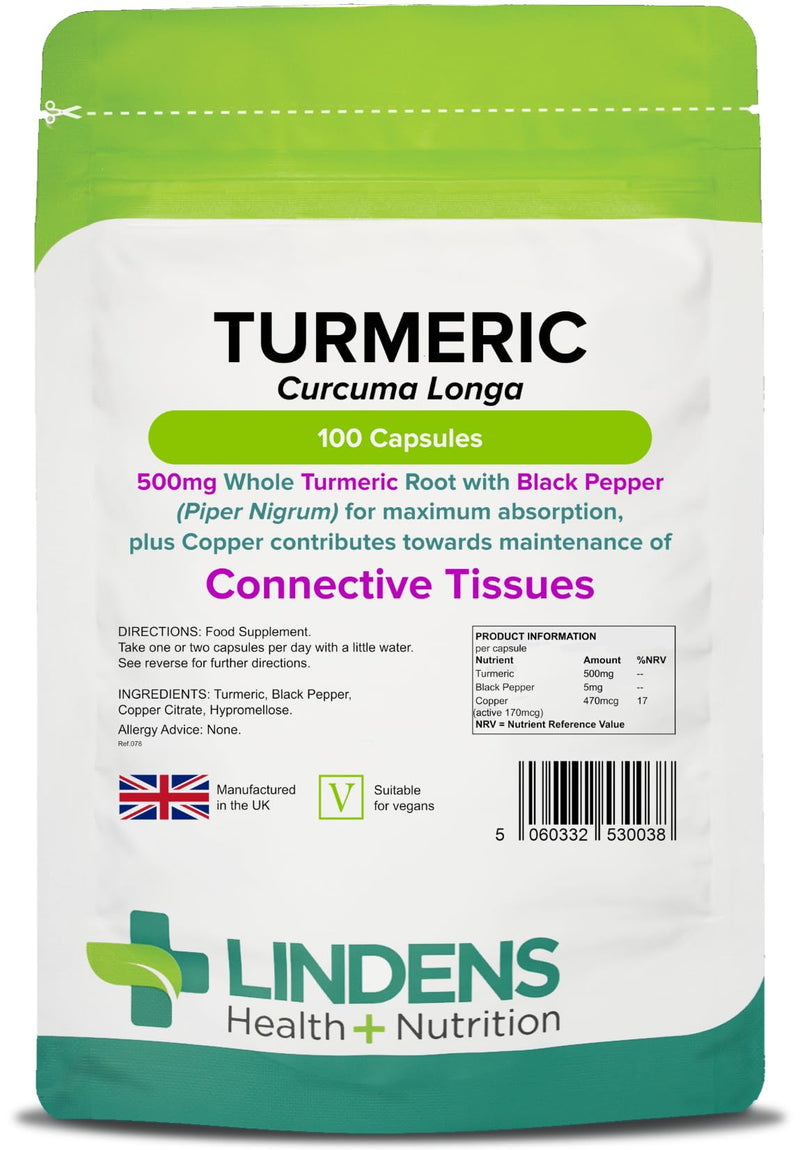 Lindens Turmeric 500mg with Black Pepper - 100 Vegan Capsules | 1-A-Day | UK Manufacturer - 1000mg per Serving | Natural Curcumin | Easy to Swallow & Digest Capsule | Letterbox Friendly (3+ Months Supply) - BeesActive Australia