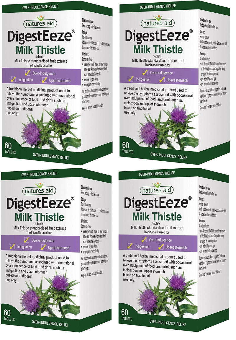 Natures Aid DigestEeze Milk Thistle, 60 Tablets (Relief of Over-Indulgence, Indigestion and Upset Stomach, Equivalent to 2750-6600 mg Milk Thistle, Made in the UK, Vegan Society Approved) (Pack of 4) - BeesActive Australia