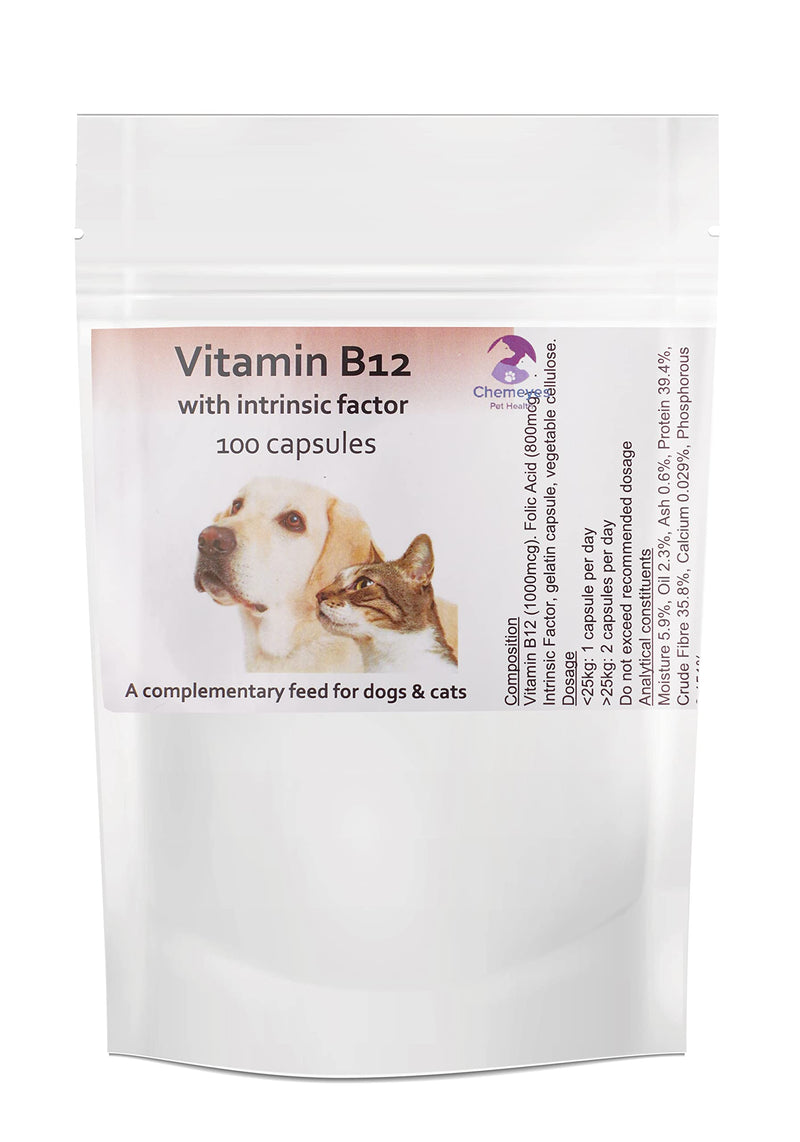 Vitamin B12 with Intrinsic Factor & Folic Acid by Chemeyes - Capsule Supplement for Dogs & Cats - Great Alternative to Vitamin B12 Injections - 1 Capsule Per 25kg Body Weight Per Day (100 Capsules) 100 Capsules