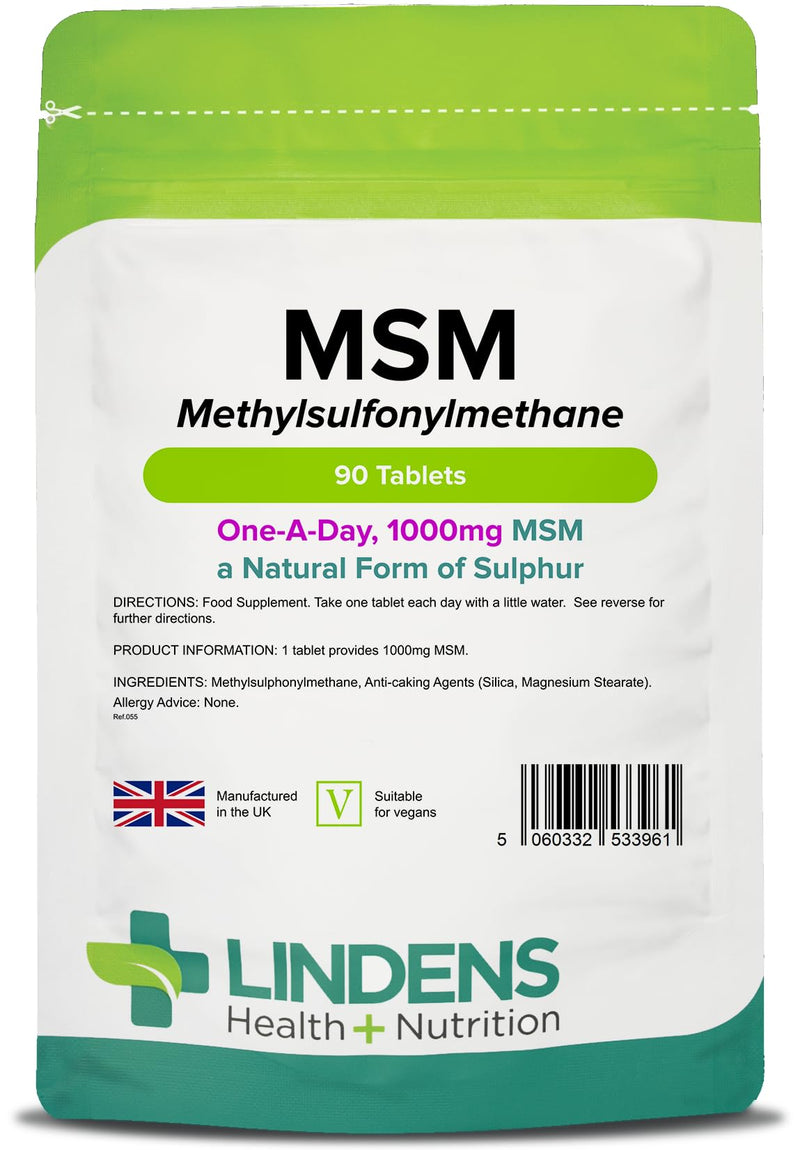 Lindens MSM 1000mg - 90 Vegan Tablets - Rich in Sulphur, Joint Support, Tissue, Joint Care Supplements | Natural Sulfur | (Methylsulfonylmethane) | (3+ Months Supply), UK Made, Letterbox Friendly - BeesActive Australia