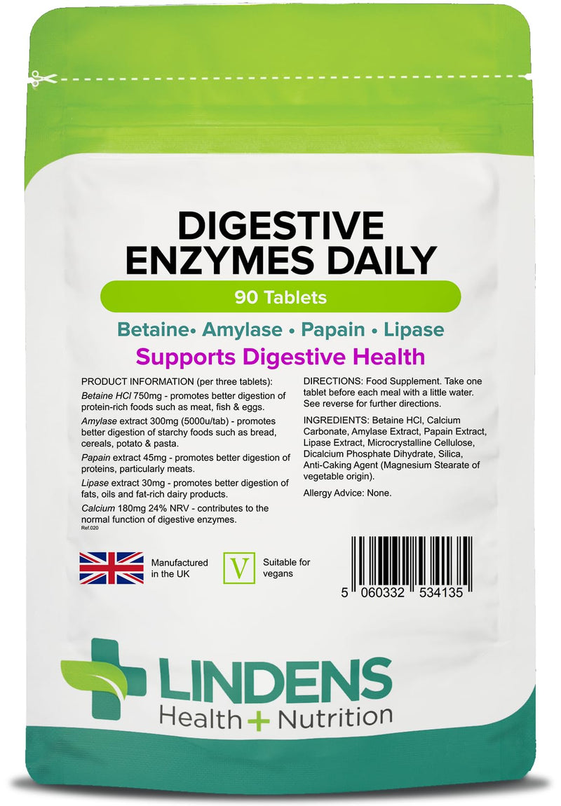 Lindens Digestive Enzymes Daily Tablets - 90 Pack - Contains Betaine Hcl, Papain, Amylase & Lipase to Promote Better Digestion - UK Manufacturer, Letterbox Friendly 90 Count (Pack of 1) - BeesActive Australia