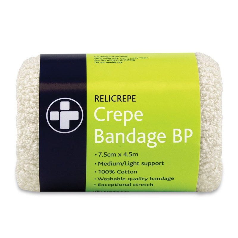 Reliance Medical White BP Grade Cotton Relicrepe Crepe Bandage Soft, Comfortable, Medium/Light Support And Non-Sterile Bandage Designed For Sprains, Strains, And Minor Aches (7.5cm x 4.5m, Pack of 10) 7.5cm x 4.5m - BeesActive Australia