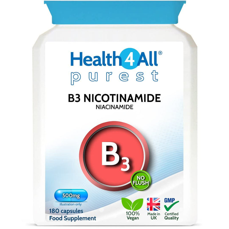 Vitamin B3 Nicotinamide (Niacinamide) 500mg 180 Capsules (V) Vegan. No-Flush Niacinamide. Made in The UK by Health4All 180 count (Pack of 1) - BeesActive Australia
