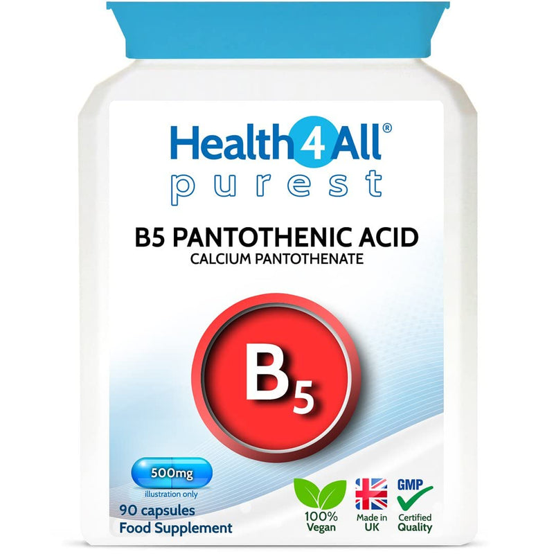 Vitamin B5 Pantothenic Acid 500mg 90 Capsules (V) (not Tablets) Purest: No Additives, Vegan. Made in The UK by Health4All. 90 Count (Pack of 1) - BeesActive Australia