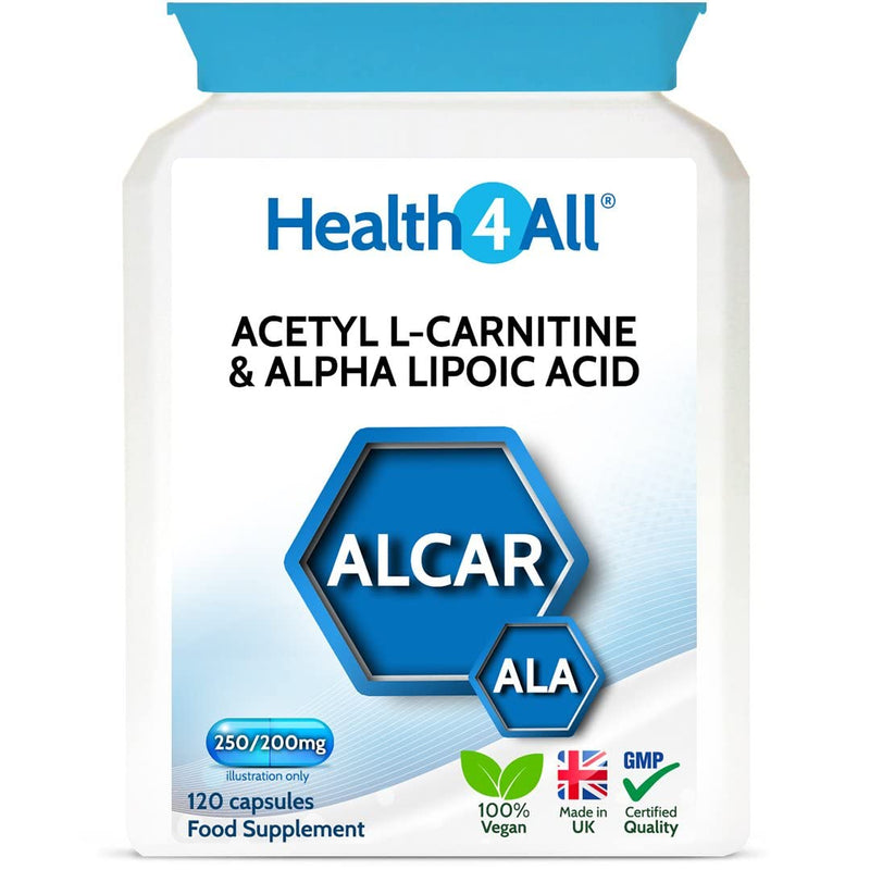 Acetyl L-Carnitine 250mg & Alpha Lipoic Acid 200mg 120 Capsules (V) Vegan ALCAR ALA Capsules. Made in The UK by Health4All 120 Count (Pack of 1) - BeesActive Australia
