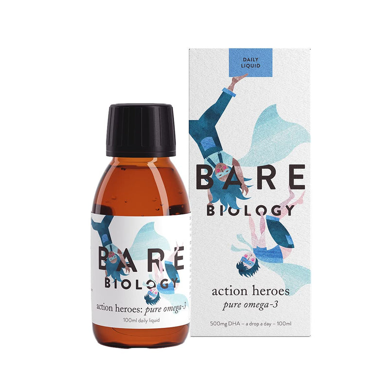 Bare Biology Action Heroes Pure Omega 3 Fish Oil Daily Liquid - Optimum Support for Brain Function & Eyes - from 6 Months Old - Super Strength/Made from Sustainably Sourced Fish (100ml) - BeesActive Australia
