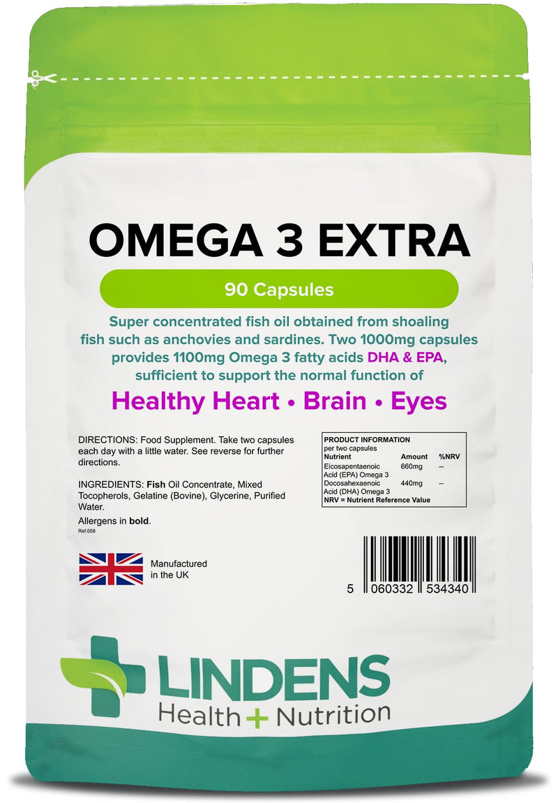 Lindens Omega 3 Extra Fish Oil 1000mg Capsules - 90 Pack - 1100mg Omega 3 Fatty Acids Dha & Epa Per 3 Capsules and Supports Normal Function of Healthy Heart, Brain & Eyes - UK Manufacturer, Letterbox Friendly - BeesActive Australia