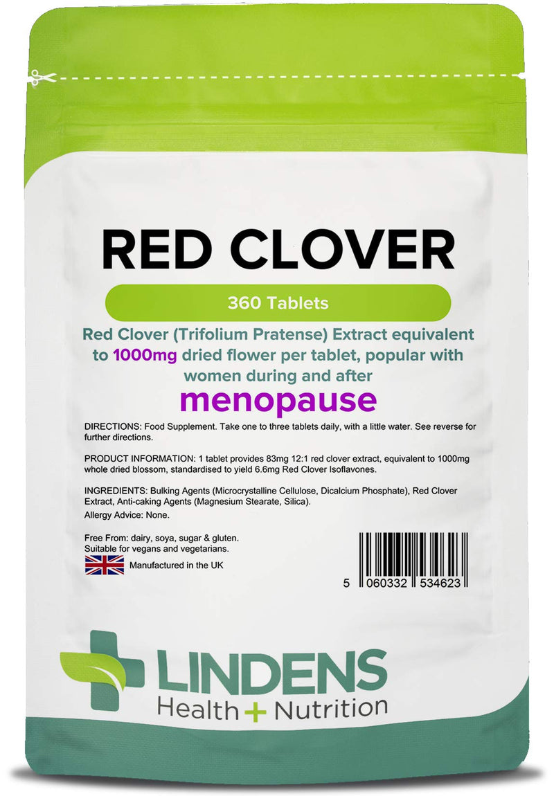 Lindens Red Clover 1000mg | 360 Tablets | Popular for Menopause | UK Made, Vegan, Red Clover Menopause with SOYA Isoflavones | Perimenopause Supplements, Hormone Balance | Letterbox Friendly - BeesActive Australia