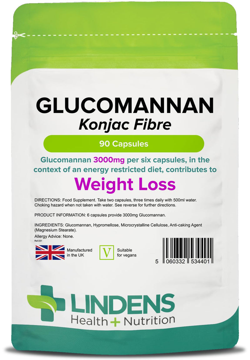Lindens Glucomannan (Konjac Fibre) Capsules - 3,000mg Per Serving - 90 Pack - Weight Loss Aid - Contributes Towards The Reduction of Appetite - Weight Loss Supplement - Letterbox Friendly - BeesActive Australia