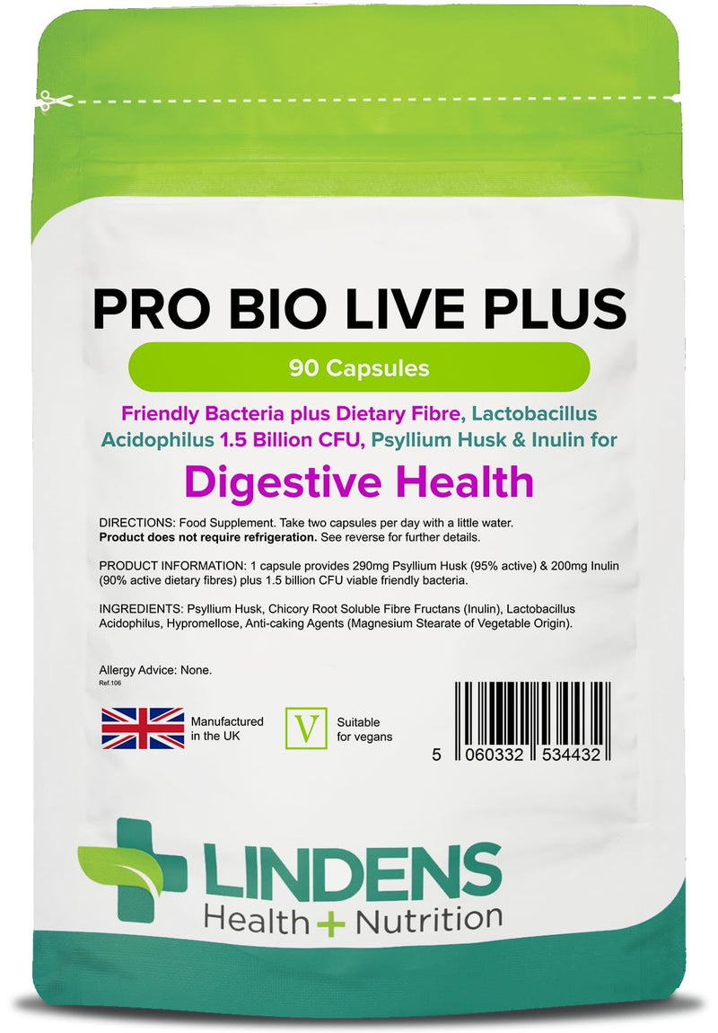 Lindens Pro Bio Live Plus (+Dietary Fibre) Capsules - 90 Pack - Massive 1.5 Billion Cfu Strength and Fortified with 2 Types of Dietary Fibre & Friendly Bacteria That Aids Digestion - UK Manufacturer, Letterbox Friendly - BeesActive Australia