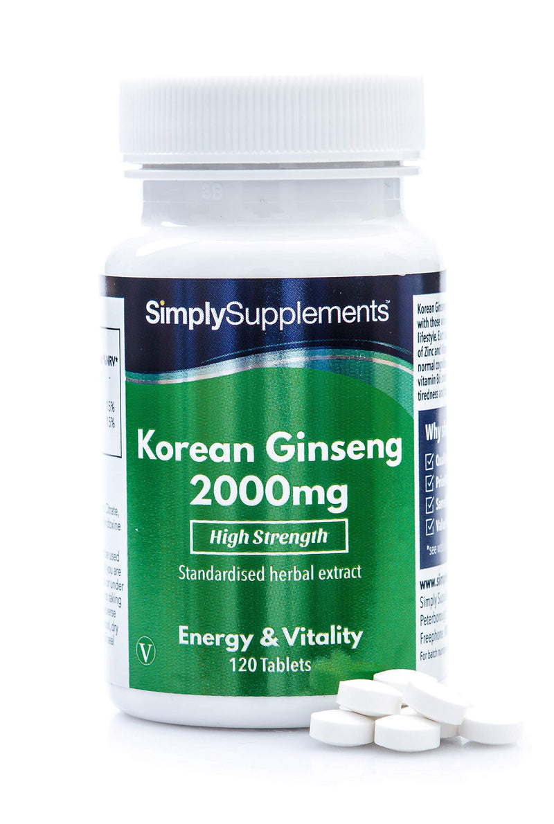 Korean/Panax Ginseng 2000mg | 120 High Strength Ginseng Tablets | Vegan & Vegetarian Friendly | Supplement Supports Cognitive Function While Reducing Tiredness and Fatigue | Manufactured in The UK 120 Count (Pack of 1) - BeesActive Australia