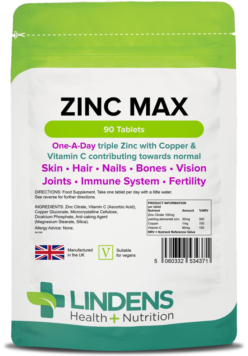 Lindens Zinc Max Tablets - 90 Pack - Provides 300% Nrv Dose and Fortified with Vitamin C & Copper to Contribute Towards Healthy Hair, Skin, Nails, Vision & Hormone Balance - UK Manufacturer, Letterbox Friendly 90 Count (Pack of 1) - BeesActive Australia