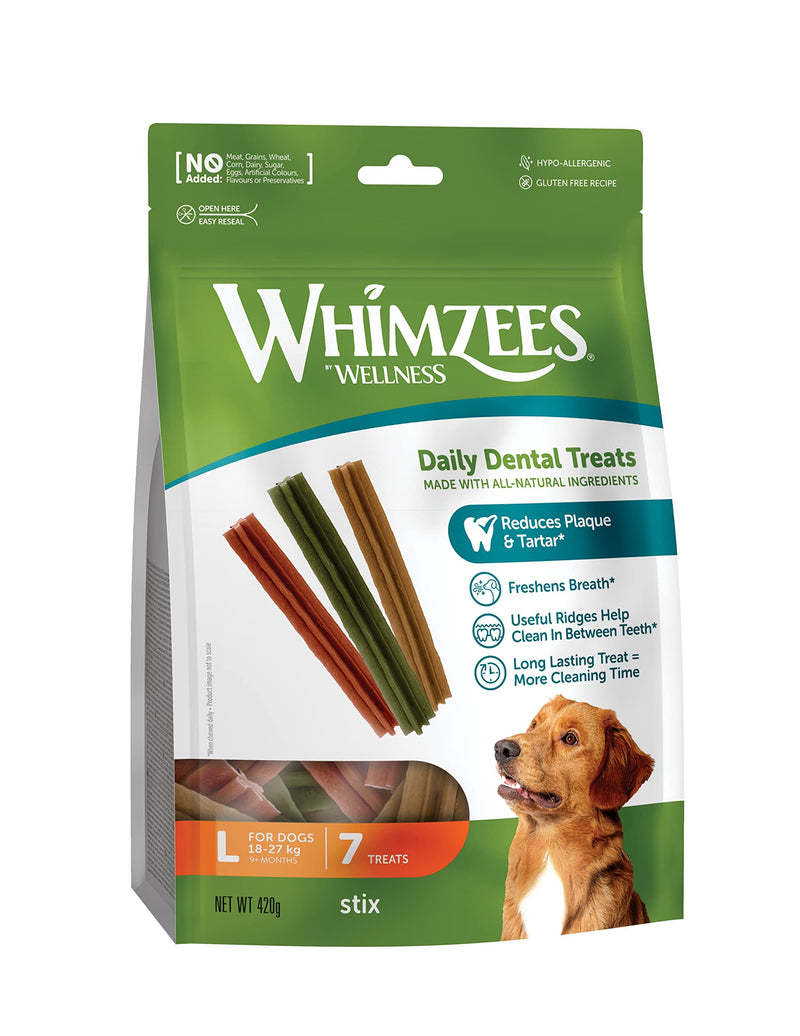 WHIMZEES Stix L, 6 Pieces – Dog Dental Stix, Size L, Dog Dental Sticks for Large Breeds, Natural and Grain Free, Rawhide-Free, Vegetarian, No Added Sugar Large Breed (18-27kg) Value Bag - 7 pieces