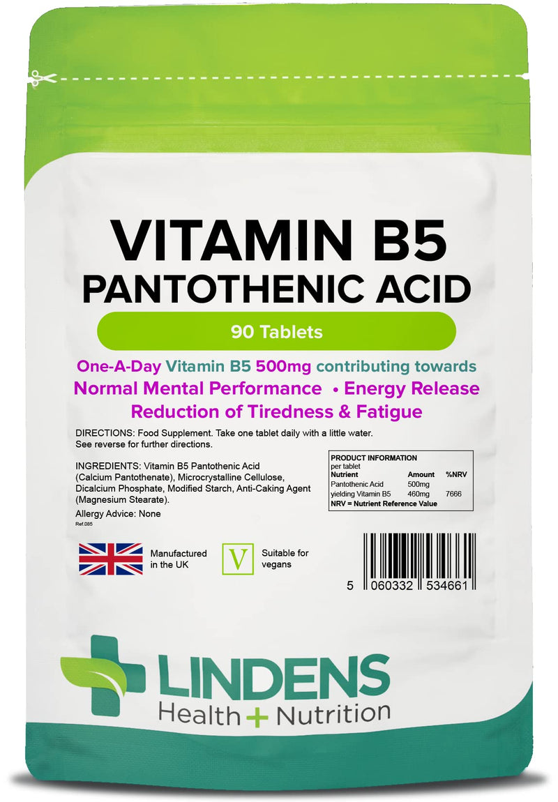 Lindens Vitamin B5 500mg Tablets - 90 Pack - 8000% Nrv Dose Contributes Towards Mental Performance, Normal Metabolism & Reduction of Tiredness - UK Manufacturer, Letterbox Friendly 90 Count (Pack of 1) - BeesActive Australia