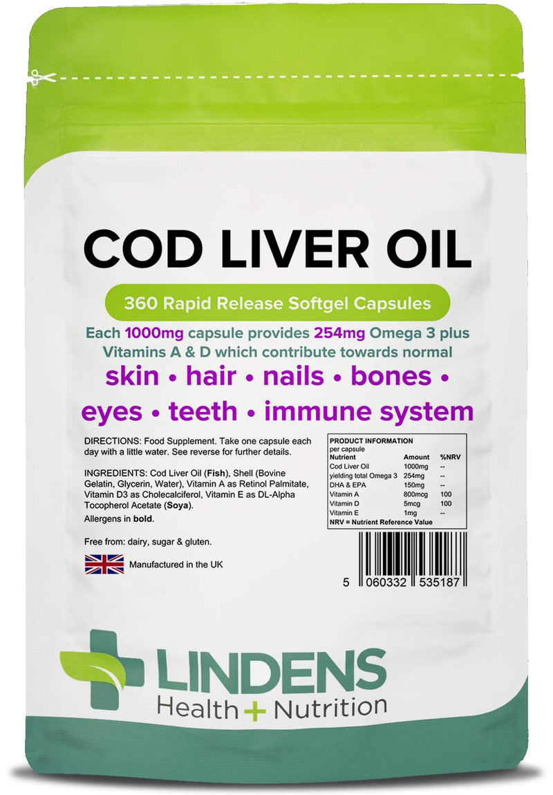 Lindens Cod Liver Oil 1000mg Capsules - 360 Pack - High in Omega 3, Vitamins A & D Contributes Towards Normal Skin, Hair, Nails, Bones, Eyes, Teeth, Brain & Immune System - UK Manufacturer, Letterbox Friendly - BeesActive Australia