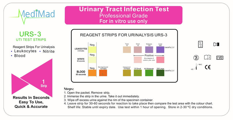 UTI Urine Test Strips Urinary Tract Infection Tests Nitrite, Leukocytes and Blood - 10 Individual Tests - BeesActive Australia