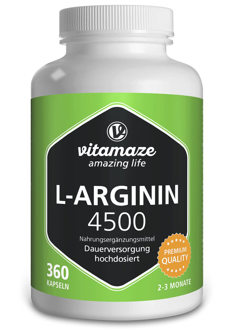 L-Arginine High Strength 4500 mg - 360 Capsules - Sport Performance Booster - Natural Supplement of Pure L Arginine Without Additives, German Quality- Vitamaze - BeesActive Australia