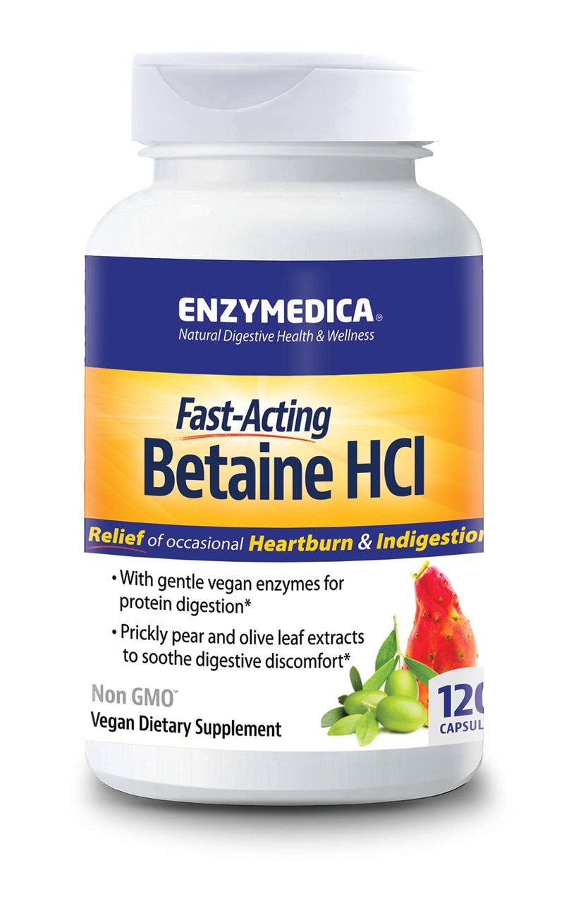 ENZYMEDICA - Betaine HCI (120 Capsules) | Digestive Support Enzyme Supplement | Acid Active Protease Digestive Enzyme Blend for Acid Reflux and Indigestion, Nutrient Supplements, Gut Health Supplement 120 Count (Pack of 1) - BeesActive Australia